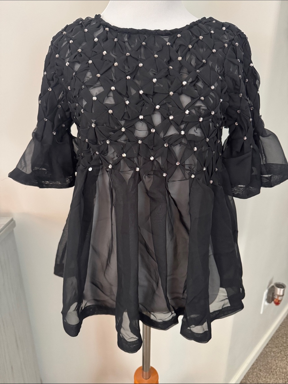 Maeve by Anthropology Black Embellished Sheer Peplum Top, sz XS